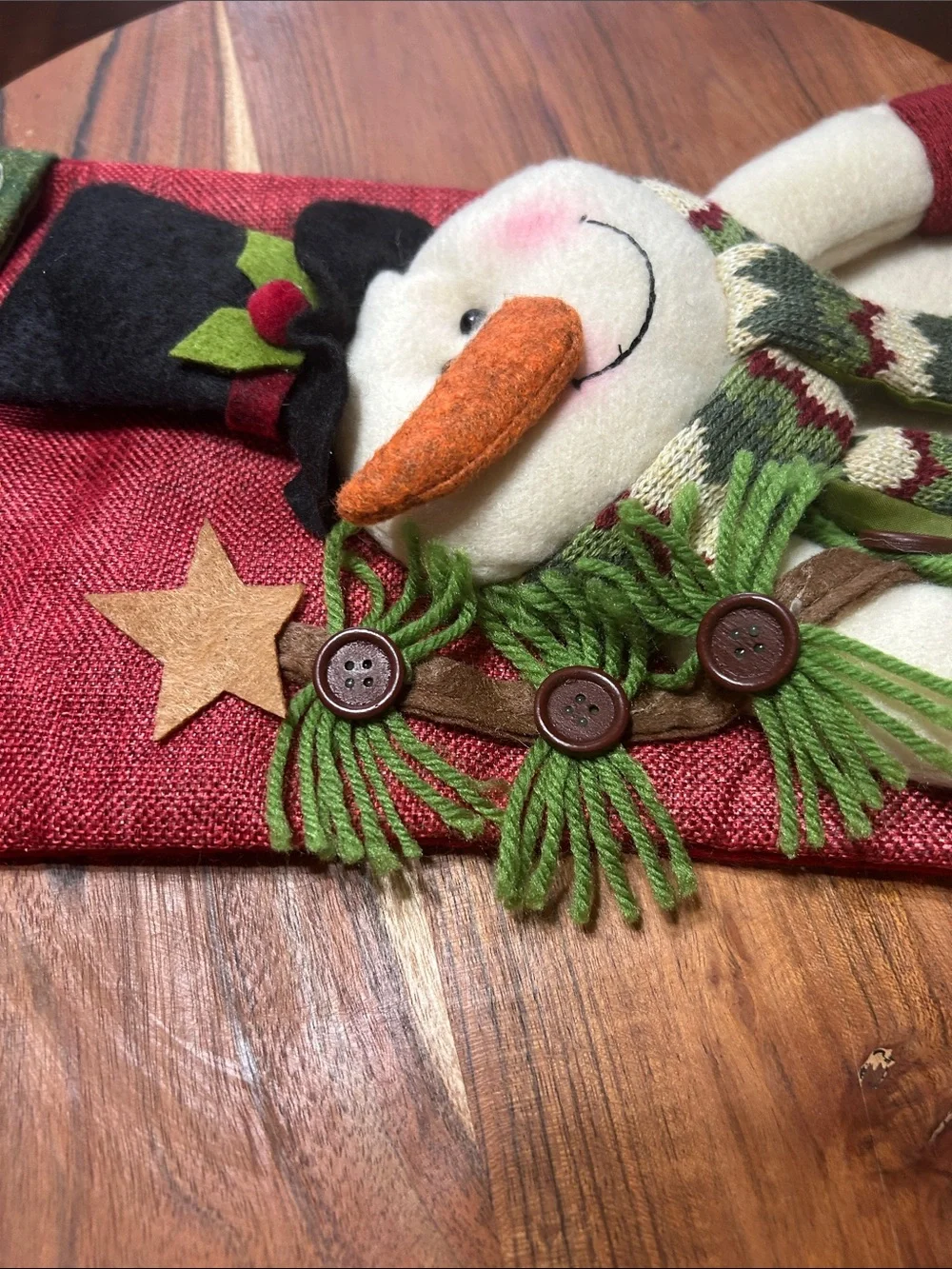 Whimsical 3D Burlap & Felt Snowman Wearing a Scarf Hangable Christmas Stocking
